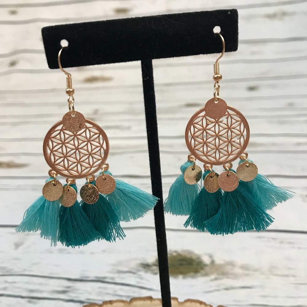 Bohemian Gold Dangle Earrings with Aqua Tassels - Picture 3 of 4